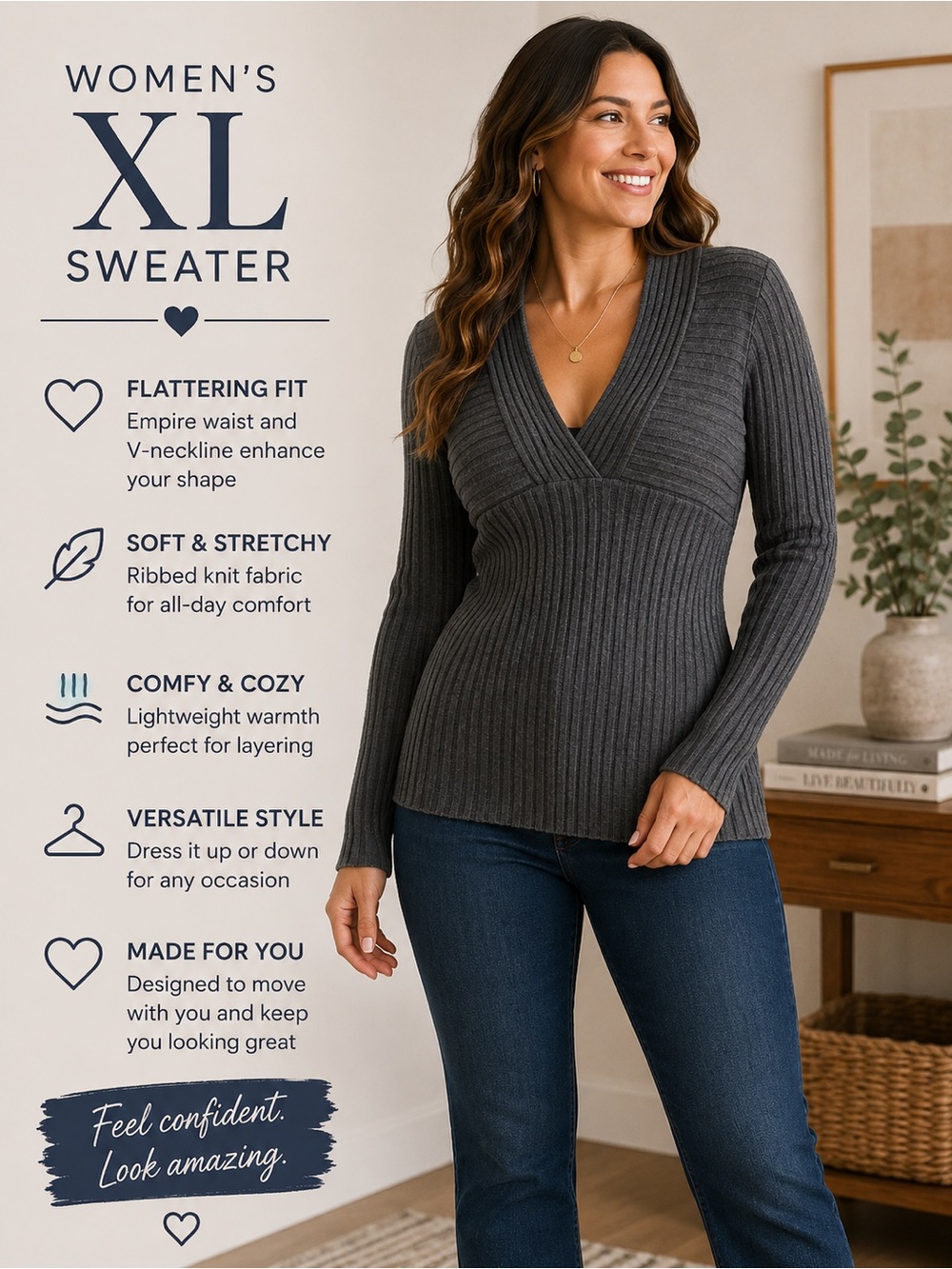 united states sweaters Ribbed V-Neck Sweater - Gray XL